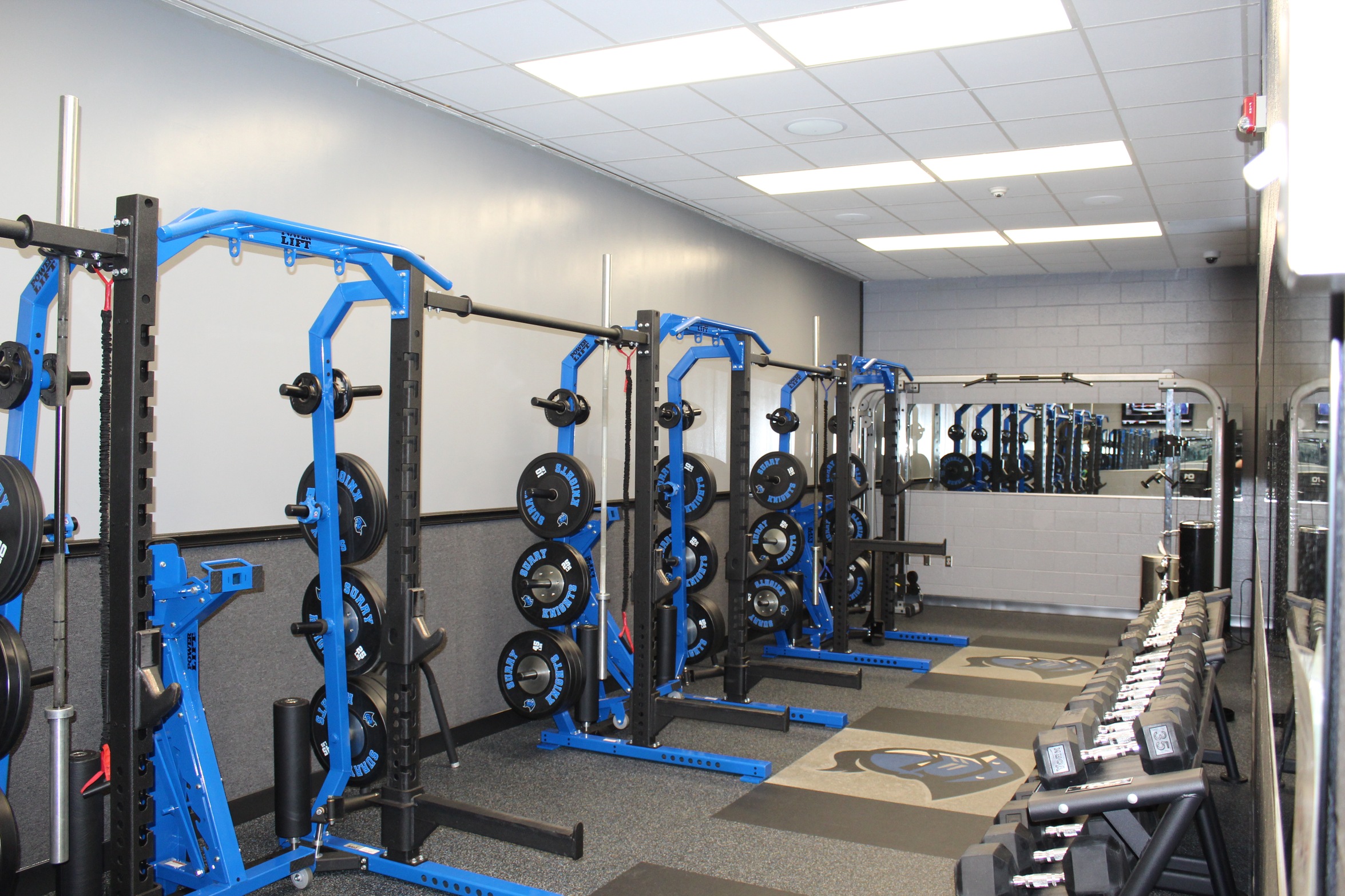 Image shows weight room equipment located in P-building on SCC main campus e.g., Several squat racks, dumbbell racks, cable machine.